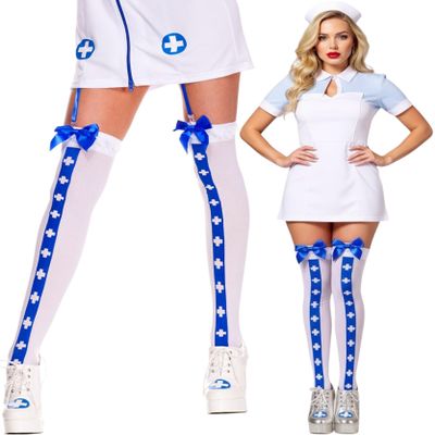 ToBeInStyle Womens Nurse Doctor Thigh High Stockings w/Red Cross Medical Patch Opaque & Fishnet Cosplay Costume - Opaque White w/Blue Backseam - One Size