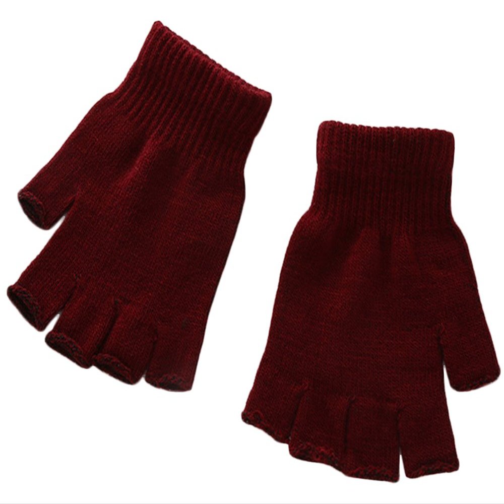 X&F Boys' and Girls' Solid Knitted Half Finger Mittens Typing Gloves, Small, Wine Red
