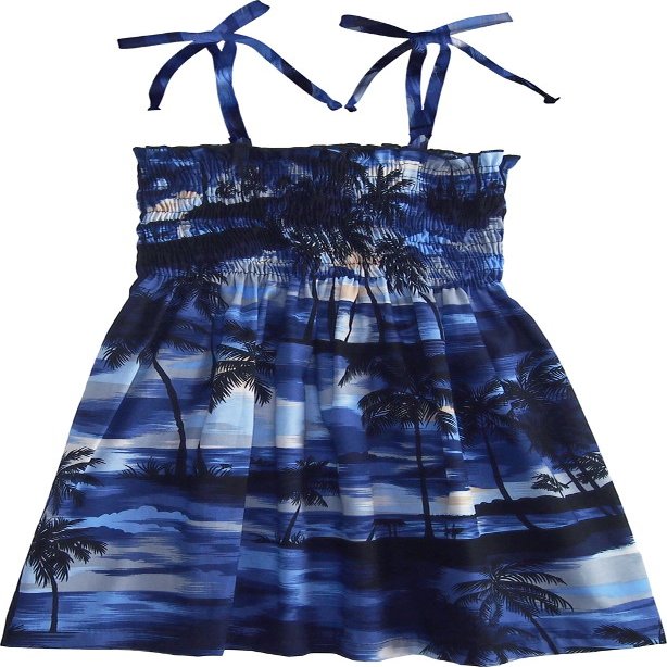 RJC Girl's Waimea Sunset Hawaiian Smocked Dress Blue 12