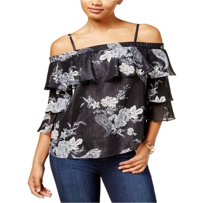 BCX Juniors' Printed Metallic Off-The-Shoulder Top (Printed Sheers, X-Large)
