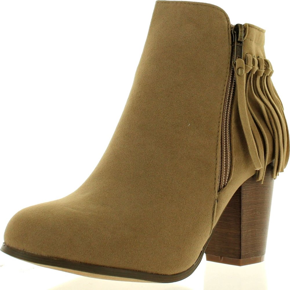 Adriana Juniper-55 Women's Chunky Heel Fringe Zipper Closure Ankle Booties,Beige,7.5
