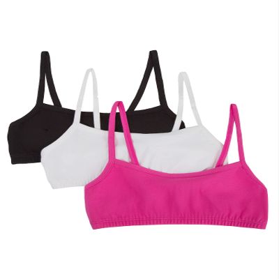 Fruit of The Loom Girls' Cotton Spaghetti Strap Sport Bra, Black Hue/Passion Fruit/White, 34