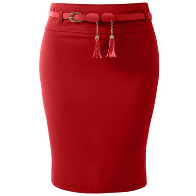 NE PEOPLE Womens Light Weight High Waist Midi Pencil Skirt with Tessel Belt