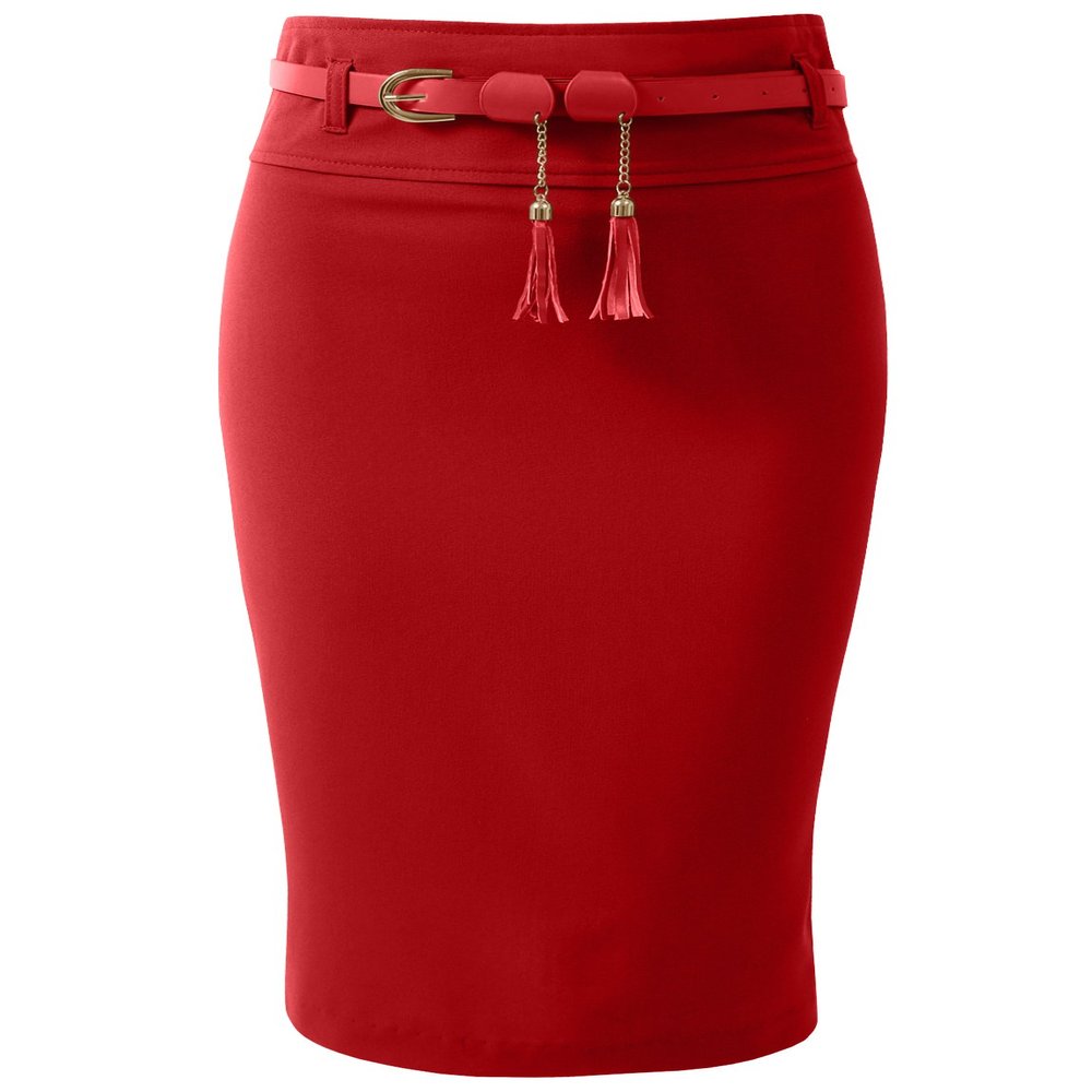 NE PEOPLE Womens Light Weight High Waist Midi Pencil Skirt with Tessel Belt