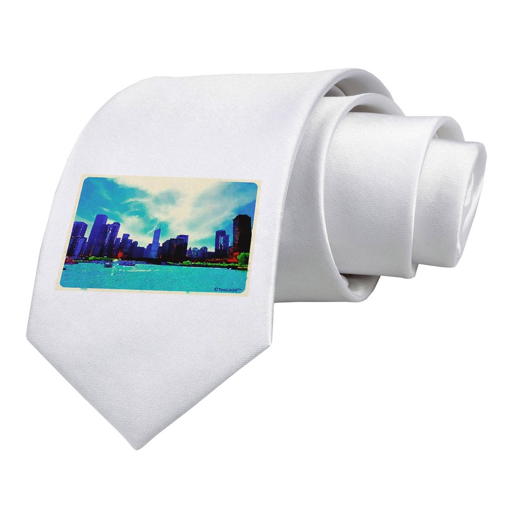 TOOLOUD Chicago Skyline Watercolor Printed White Neck Tie