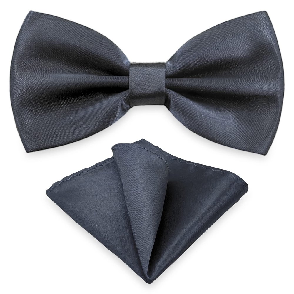 SYAYA Bow Ties for Men, Silk Formal Tuxedo Bow Tie for Boy, Tux Bowtie For Wedding U-SY-B2 (Deep Gray - Bow Tie & Handkerchief Set)
