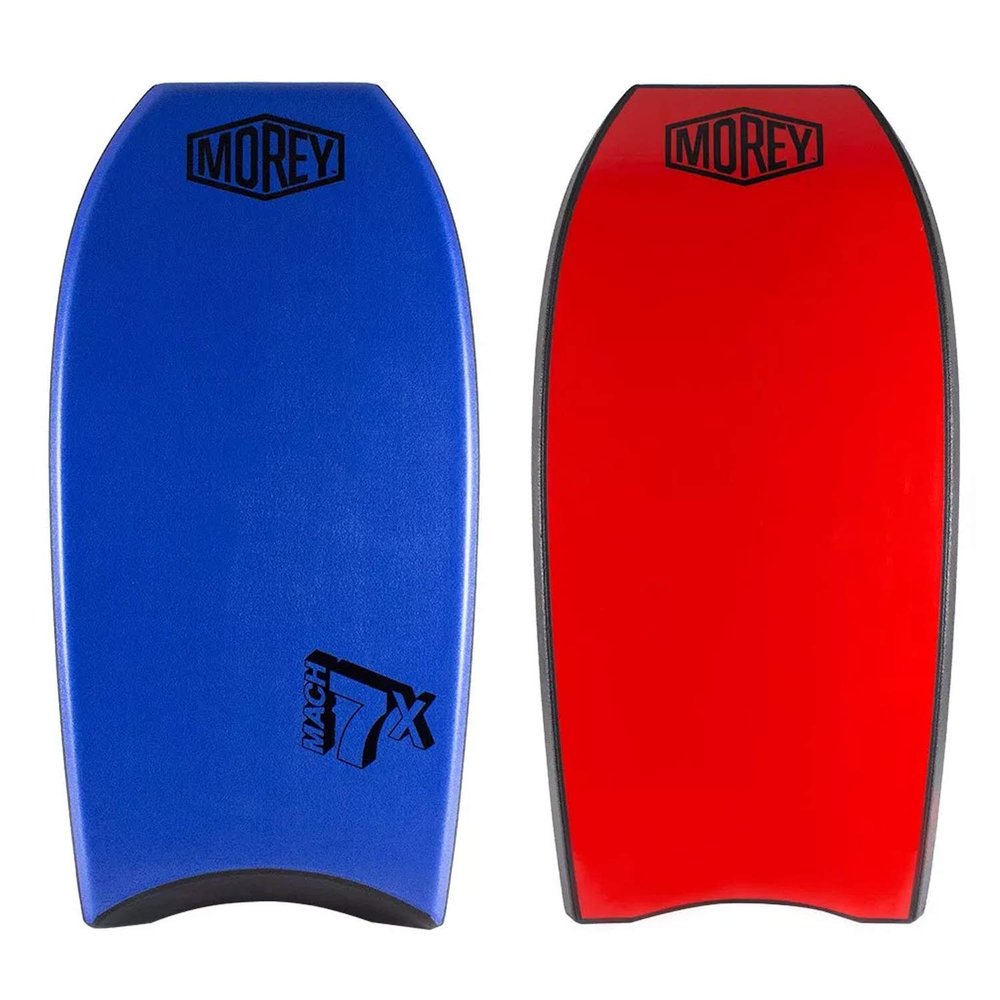 Morey Bodyboards Mach 7X Polyproplene (PP) 1 Stringer Crescent Tail Body Board 41.5" - Blue Deck, Black Rails, Red Bottom