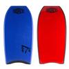 Morey Bodyboards Mach 7X Polyproplene (PP) 1 Stringer Crescent Tail Body Board 41.5" - Blue Deck, Black Rails, Red Bottom view 1
