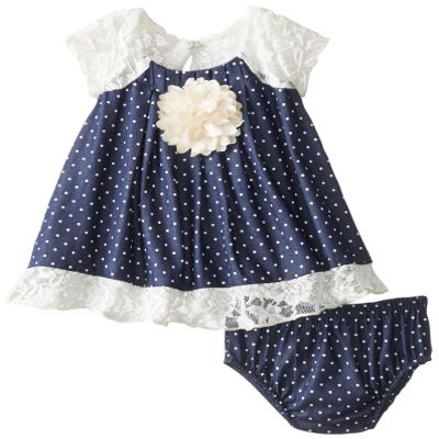 Baby Girls Infant Blue/Ivory Pin Dot Chambray Denim and Lace Trapeze Dress (12 Months, Blue)