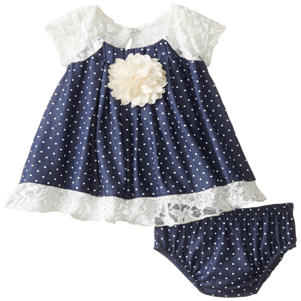 Baby Girls Infant Blue/Ivory Pin Dot Chambray Denim and Lace Trapeze Dress (12 Months, Blue)