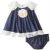Baby Girls Infant Blue/Ivory Pin Dot Chambray Denim and Lace Trapeze Dress (12 Months, Blue) view 1