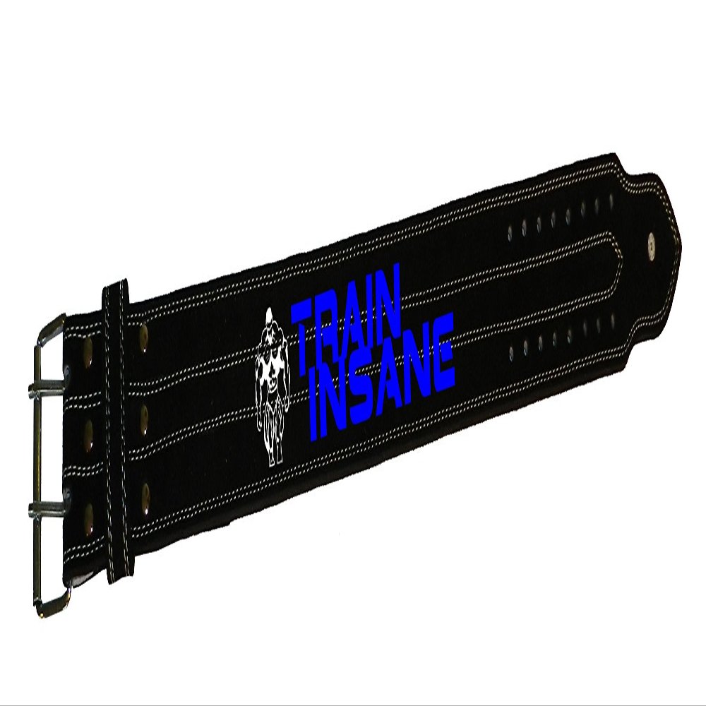 Crazee Wear Heavy Duty Workout Belt in Black with Train Insane in Neon Blue