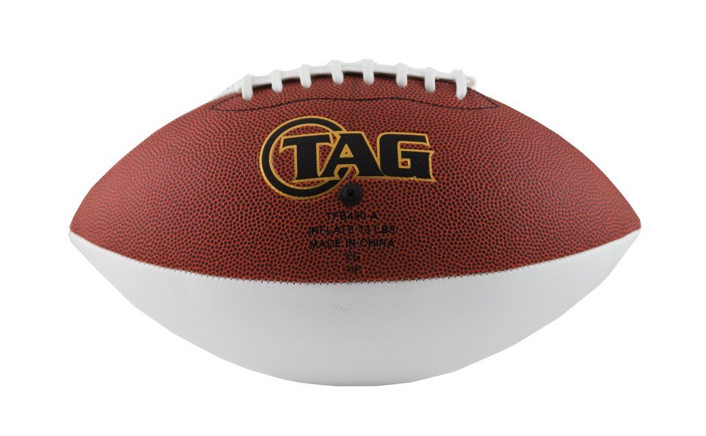 TAG Autograph Football - 1 Pebbled Brown Panel with Three Smooth White Panels - Memory Signature Football for Display