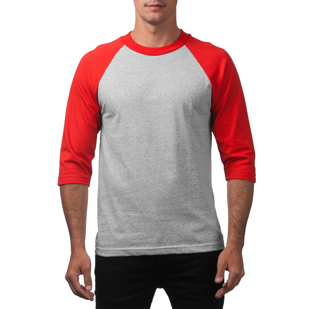Pro Club Men's 3/4 Sleeve Crew Neck Baseball T-Shirt, Heather Gray/Red, Small
