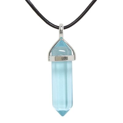 Justinstones Aqua Glass Gemstone Hexagonal Pointed Reiki Chakra Pendant Genuine Leather Necklace 18 Inch