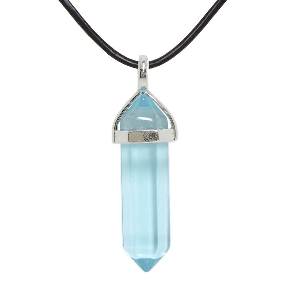 Justinstones Aqua Glass Gemstone Hexagonal Pointed Reiki Chakra Pendant Genuine Leather Necklace 18 Inch