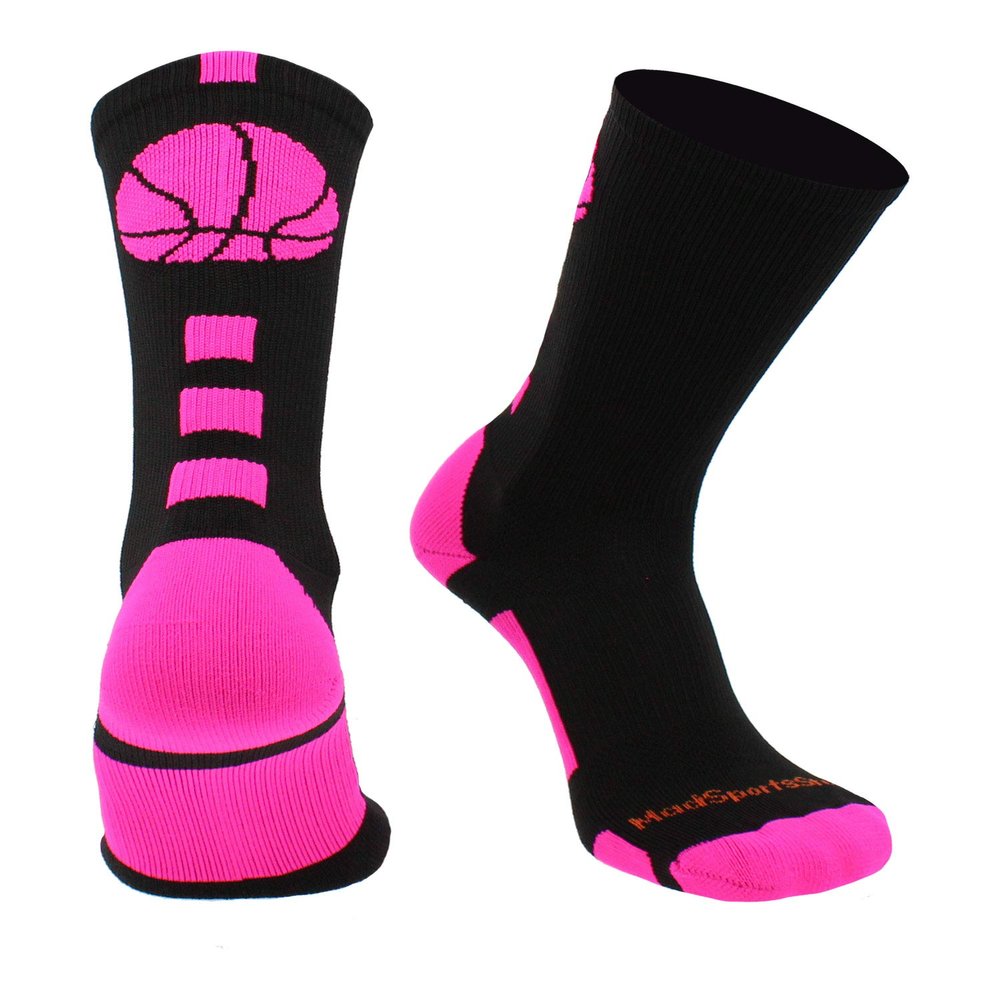 MadSportsStuff Basketball Socks for Boys Girls - Youth & Adult Athletic Crew Socks - Cushioned Moisture Wicking - Large, Black/Hot Pink