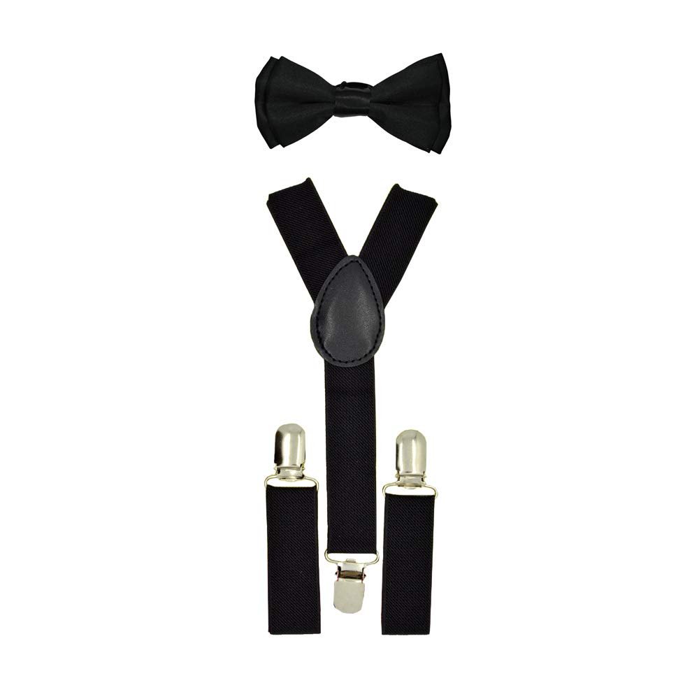 CUTE Baby Toddler Kids Children Boys"Black" Plain Elastic Suspender & Bow Tie Set