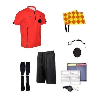 Soccer Referee 9 Piece Short Sleeve Package Referee Jersey Black Shorts Socks Patch Whistle Lanyard Referee Wallet Cards Flag Set (Red, Youth Large)