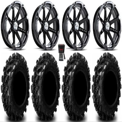 Bundle - 9 Items: MSA Black Diesel 14" ATV Wheels 28" Swamp Lite Tires [4x137 Bolt Pattern 10mmx1.25 Lug Kit]