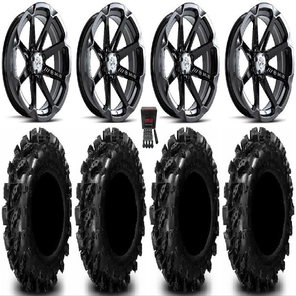 Bundle - 9 Items: MSA Black Diesel 14" ATV Wheels 28" Swamp Lite Tires [4x137 Bolt Pattern 10mmx1.25 Lug Kit]