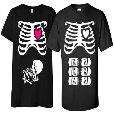 NON Maternity Halloween T-Shirt Costume Rib Cage Pregnant Mom with Baby Skeleton and Matching Six Pack Beer Couple Set (Mom XL/Dad 2X)