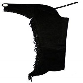 Equestrian Riding Adult Suede Leather Chaps with Fringe Down Each Leg and Concho on Back (Black, X-Large)