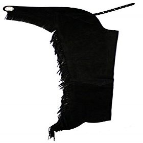 Equestrian Riding Adult Suede Leather Chaps with Fringe Down Each Leg and Concho on Back (Black, X-Large)