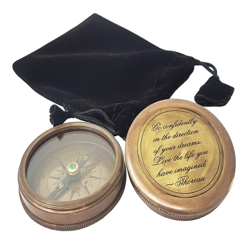 Brass Nautical - Brass Compass in Antique Finish, with HD Thoreau's Motivational Quote Go Confidently in The Direction with Case