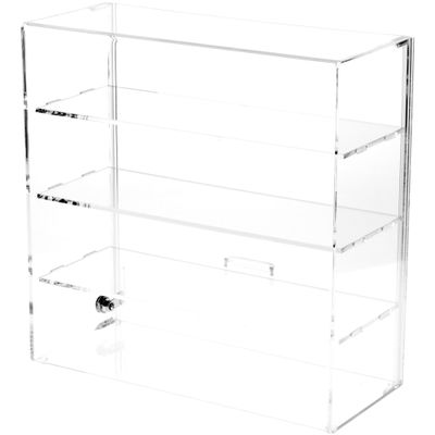 Plymor Clear Acrylic Locking Display Case with Sliding Back, 3 Shelves, 16.5" H x 16.25" W x 7" D