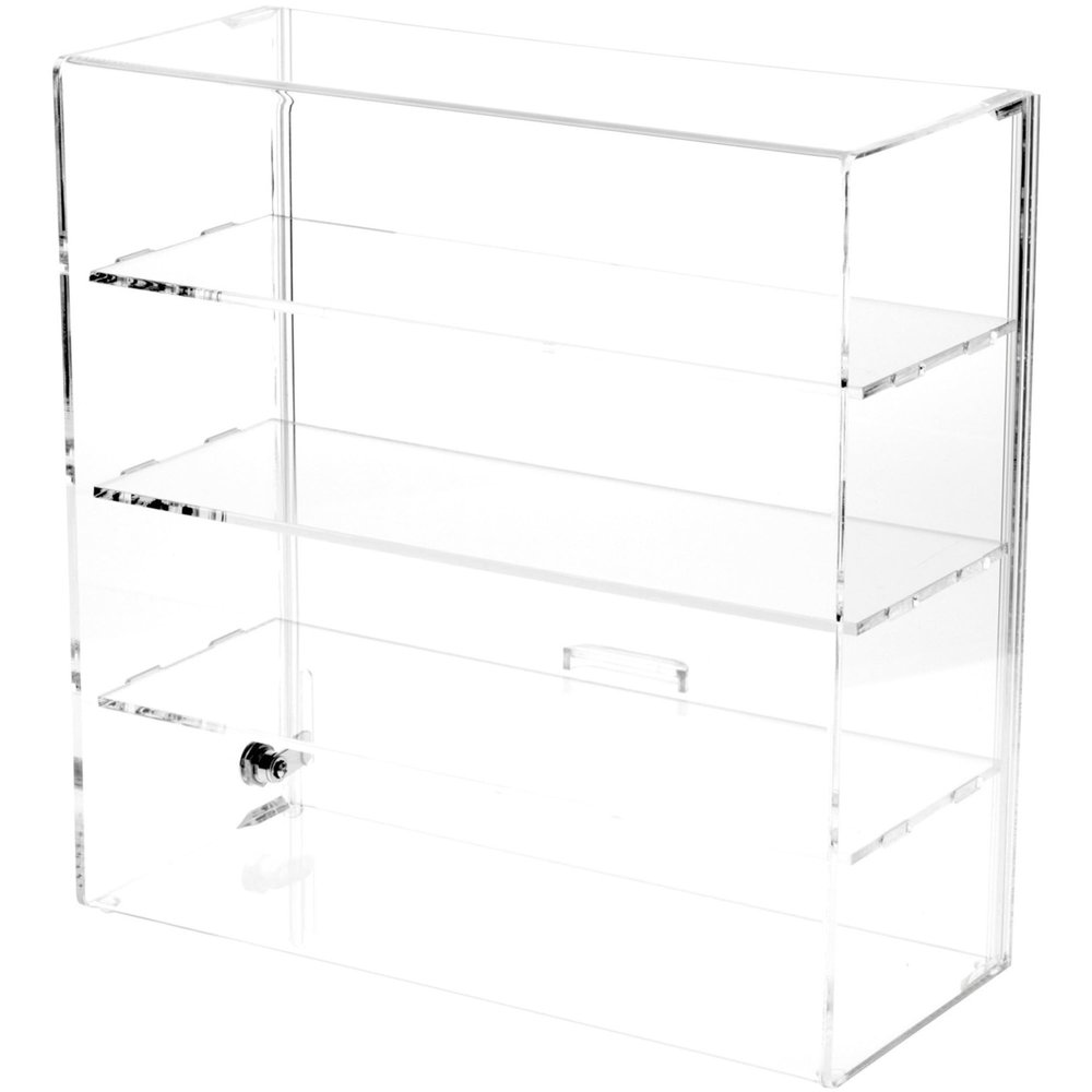 Plymor Clear Acrylic Locking Display Case with Sliding Back, 3 Shelves, 16.5" H x 16.25" W x 7" D