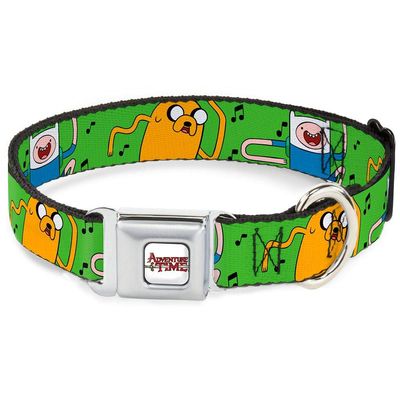 Buckle-Down Seatbelt Buckle Dog Collar - Finn & Jake w/Music Notes Green - 1.5" Wide - Fits 13-18" Neck - Small
