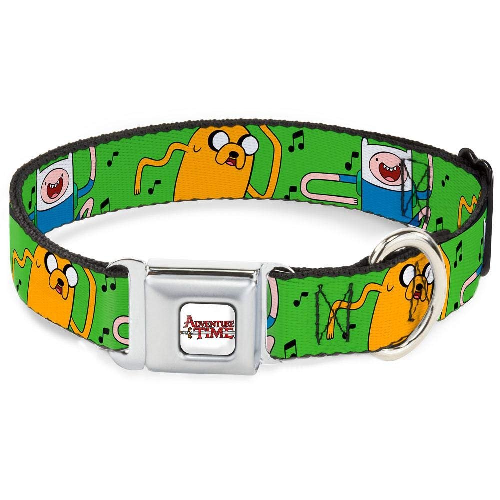 Buckle-Down Seatbelt Buckle Dog Collar - Finn & Jake w/Music Notes Green - 1.5" Wide - Fits 13-18" Neck - Small