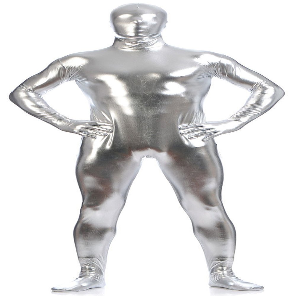 VSVO Unisex Metallic Second Skin Spandex Full Body Suit for Adults and Children (Kids Large, Silver)