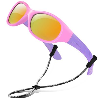 RIVBOS kids Sunglasses Girls with Strap Polarized UV Protection Flexible Shades for Baby and Children Age 2-10 RBK003-3 Round Pink Coating Lens