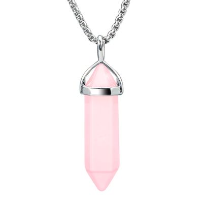 BEADNOVA Natural Rose Quartz Necklaces for Women Crystal Pendant Gemstone Necklace for Spiritual Energy Healing Hexagonal Pendant Divination for Men (18 Inches Stainless Chain)