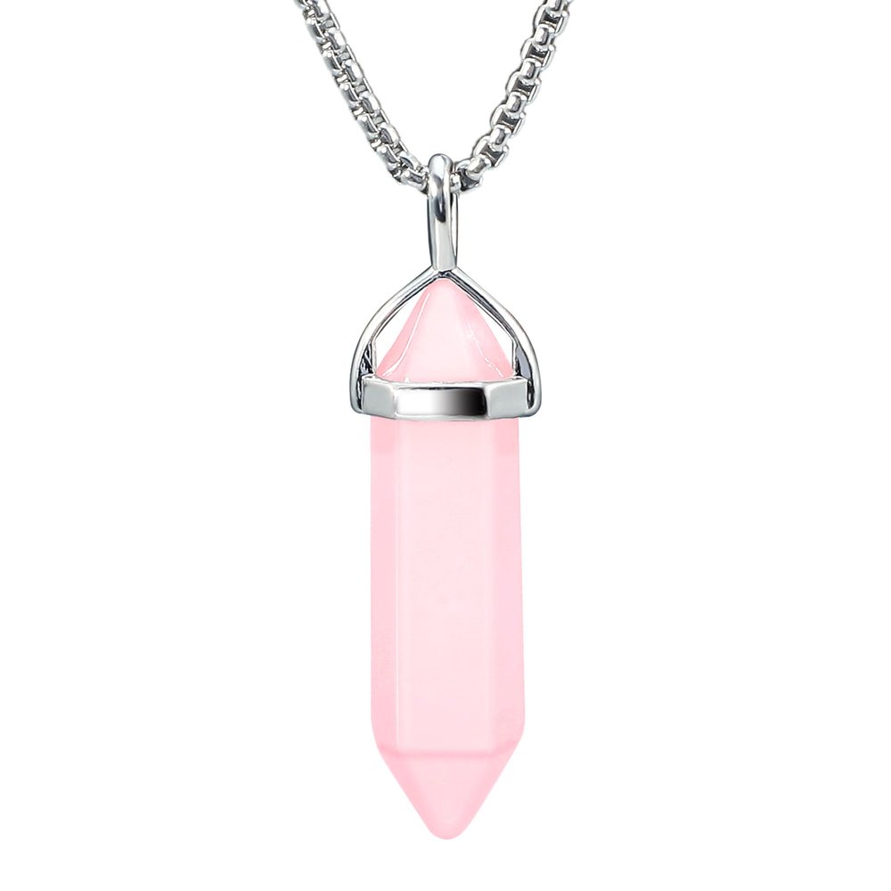 BEADNOVA Natural Rose Quartz Necklaces for Women Crystal Pendant Gemstone Necklace for Spiritual Energy Healing Hexagonal Pendant Divination for Men (18 Inches Stainless Chain)