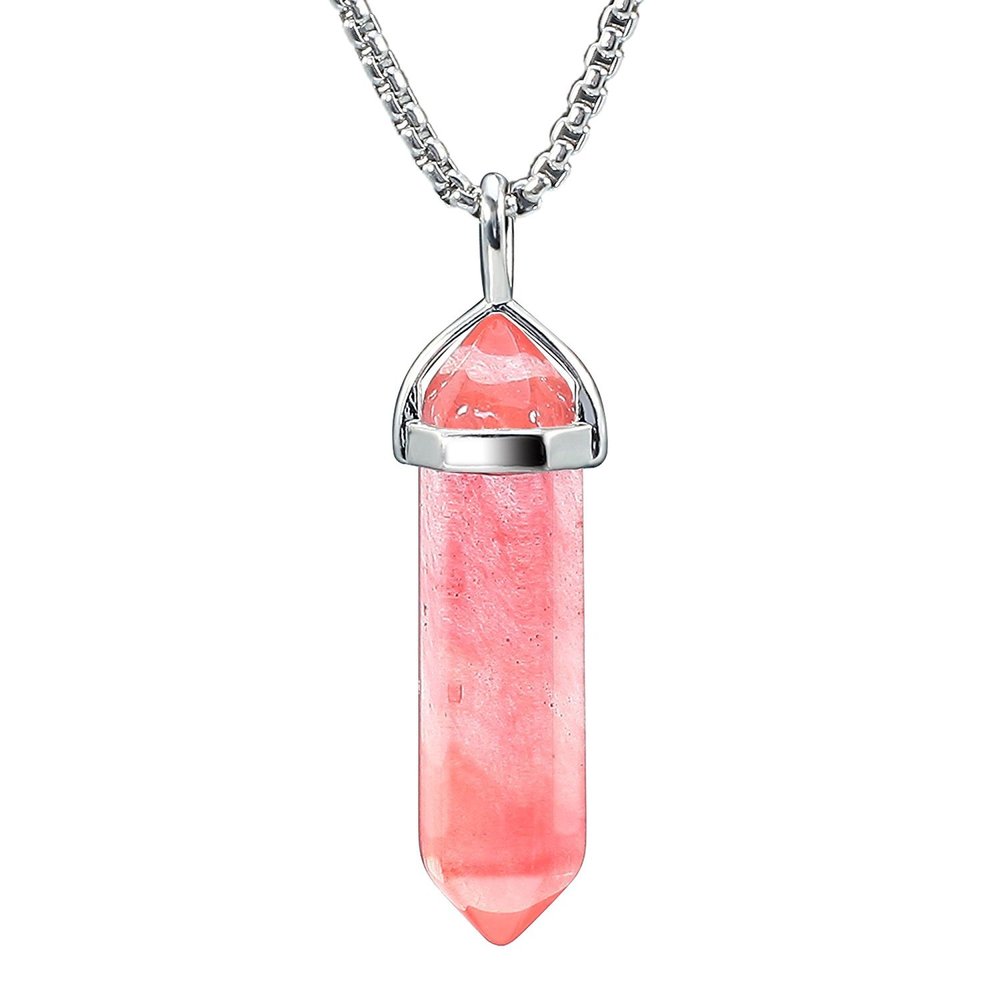 BEADNOVA Cherry Quartz Necklace Gemstone Crystal Necklace for Women Healing Stone pendant Jewelry for Men Pendulum Divination Hexagonal pendant (18 Inches Stainless Steel Chain)