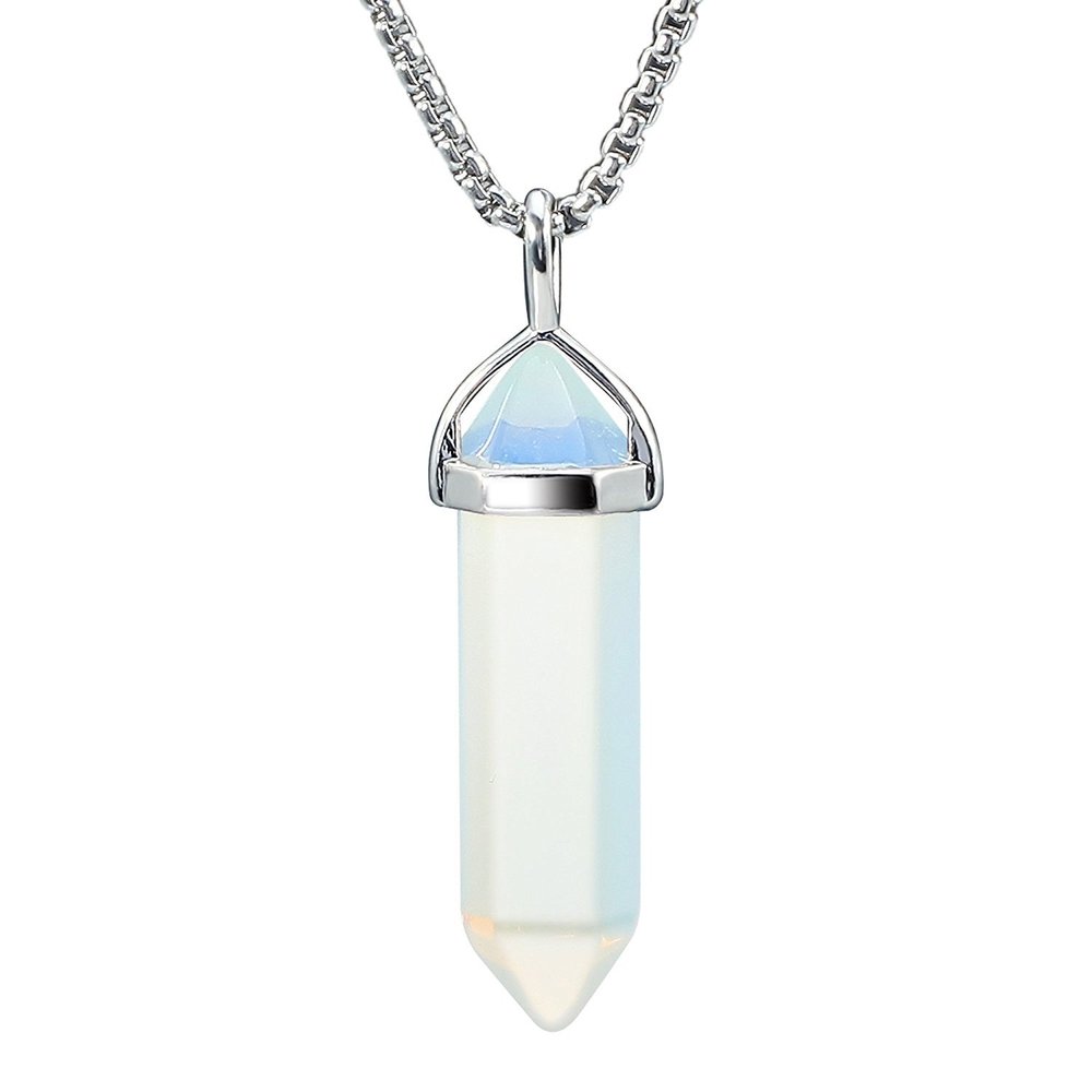 BEADNOVA Synthetic Opalite Necklace Gemstone Crystal Necklace for Women Healing Stone pendant Jewelry for Men Pendulum Divination Hexagonal pendant (18 Inches Stainless Steel Chain)