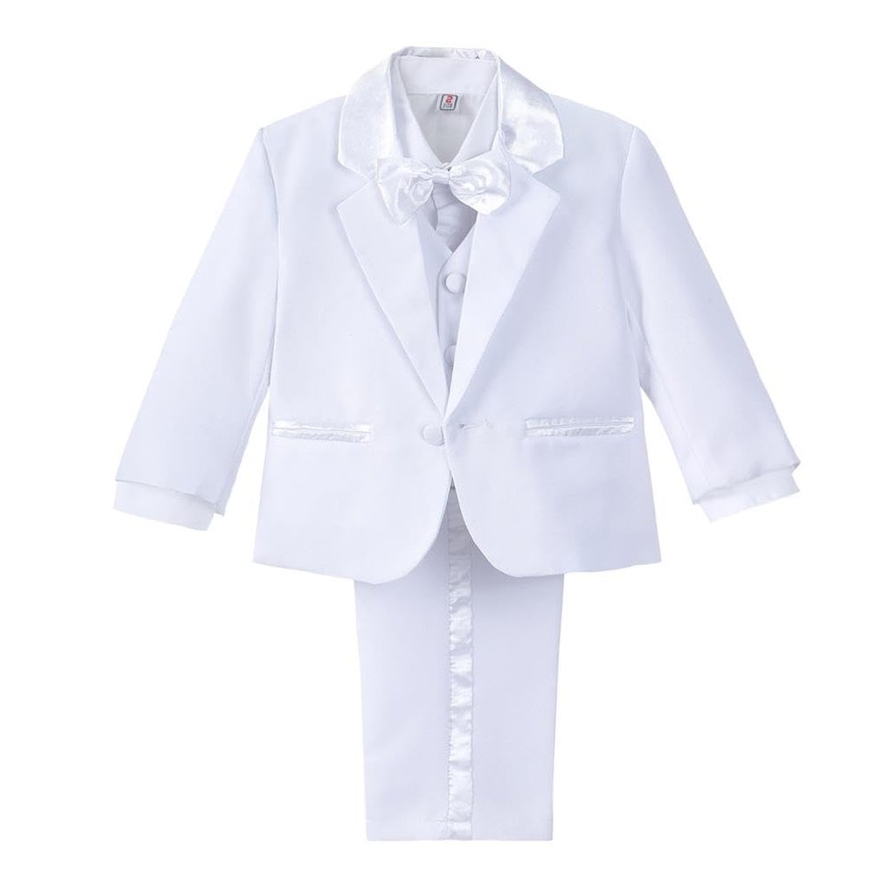 Dressy Daisy Toddler Boy' 5 Pcs Set Formal Tuxedo Suits No Tail Wedding Christening Outfits Size 2T White