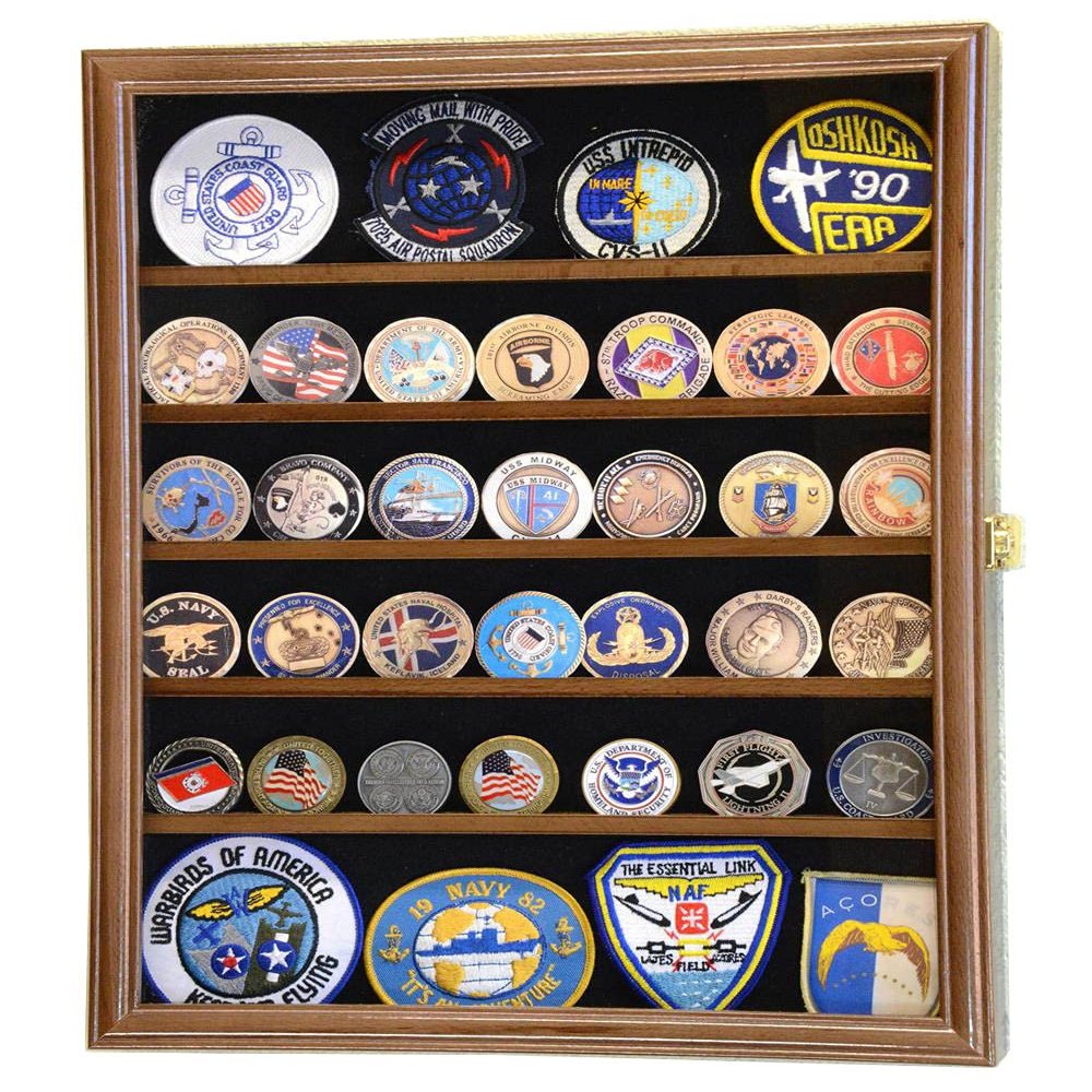 sfDisplay.com,LLC. 56 Challenge Coin Display Case Cabinet - Fully Adjustable Shelves - Larger Coins - 98% UV Protection (Walnut Finish)