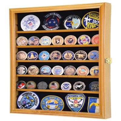 sfDisplay.com,LLC. 56 Challenge Coin Display Case Cabinet - Fully Adjustable Shelves - Larger Coins - 98% UV Protection (Oak Finish)