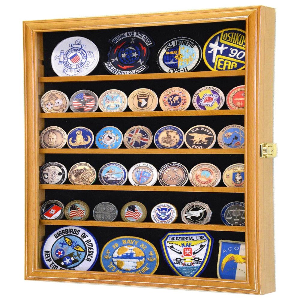 sfDisplay.com,LLC. 56 Challenge Coin Display Case Cabinet - Fully Adjustable Shelves - Larger Coins - 98% UV Protection (Oak Finish)