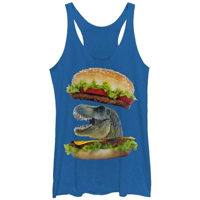 Lost Gods Dino Burger Women's Fast Fashion Racerback Tank Top, Royal Blue Heather, Small