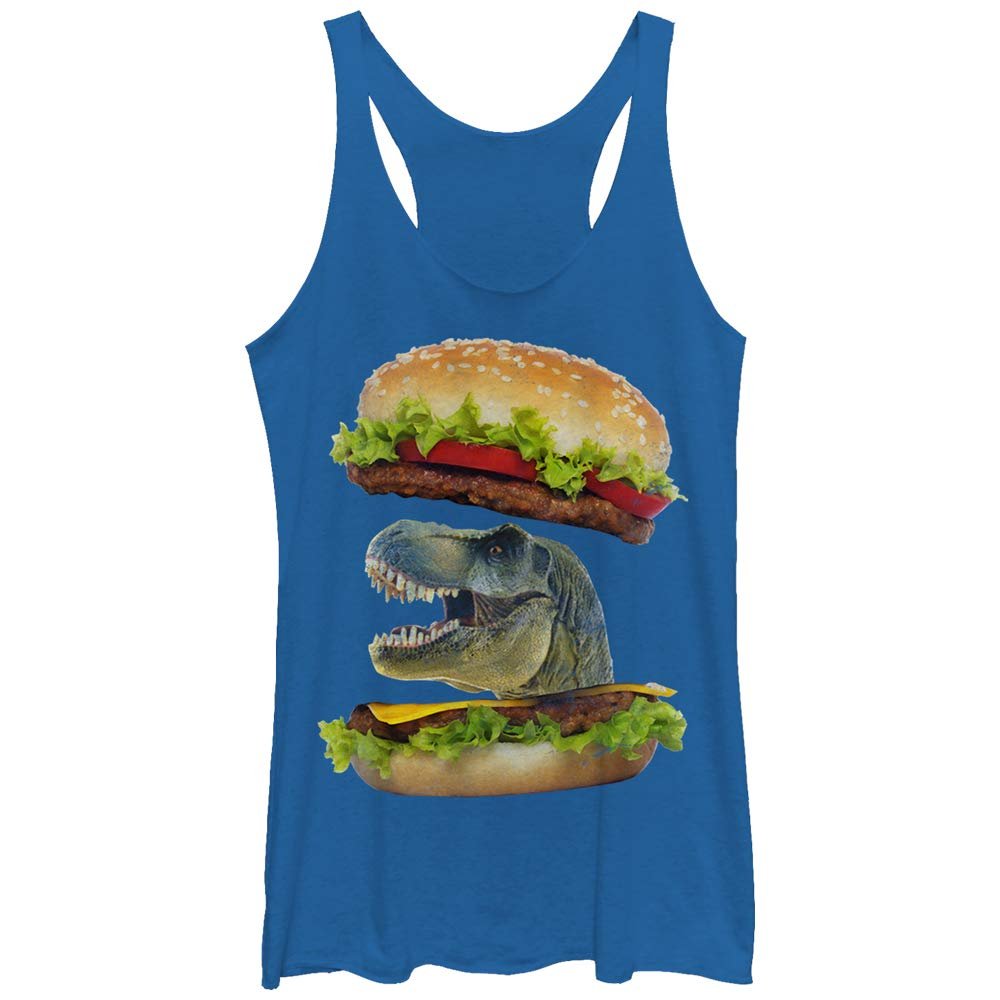 Lost Gods Dino Burger Women's Fast Fashion Racerback Tank Top, Royal Blue Heather, Small