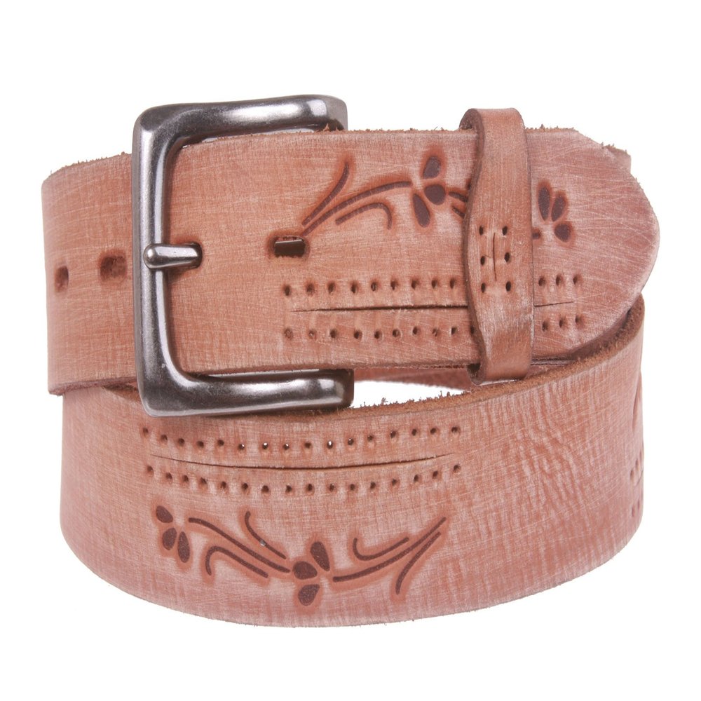38 mm Snap On Floral Embossed Full Grain Vintage Leather Belt, Beige | 34"