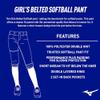 Mizuno Girls Youth Belted Low Rise Fastpitch Softball Pant, Navy, Youth Small view 4