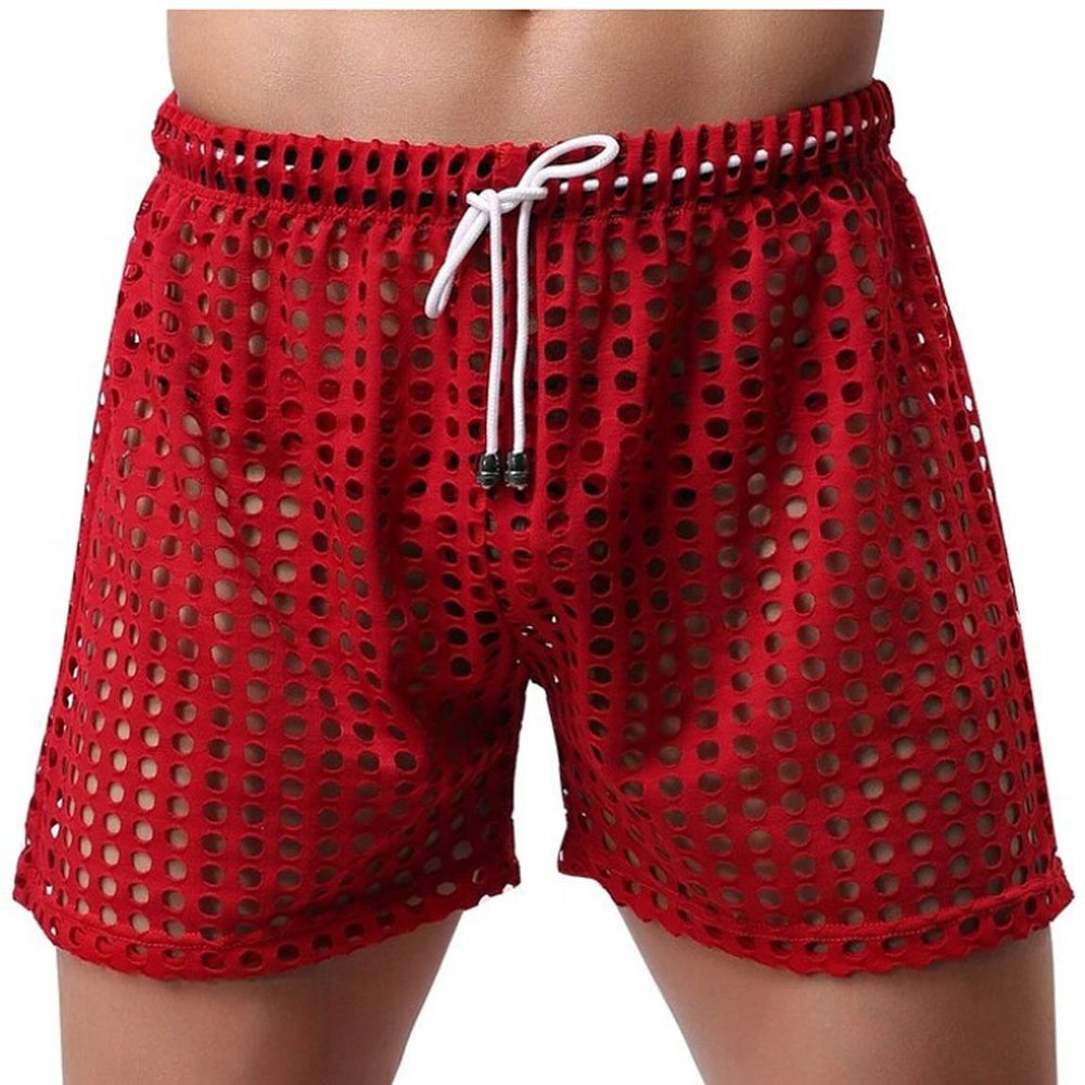 JJaxu Men's Hollow Sport Shorts Sexy Gym See-Through Pants M Red