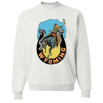 Vintage State Sticker Wyoming Bucking Bronco Crewneck Sweatshirt - White Medium