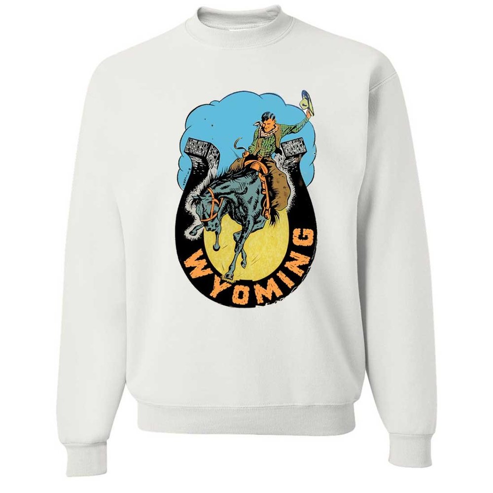 Vintage State Sticker Wyoming Bucking Bronco Crewneck Sweatshirt - White Medium